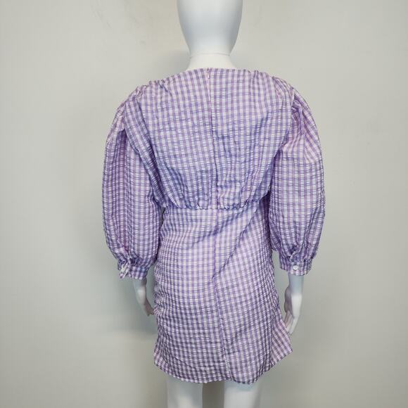 Zara Farmers Daughter Mini Dress Size M Purple Ruched Front Gingham Puff Sleeve - Picture 3 of 16